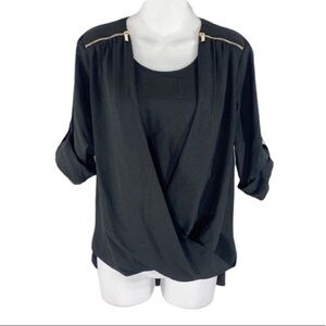 Calvin Klein black faux wrap cuffed sleeve blouse